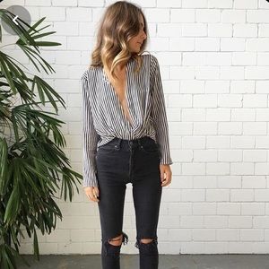 Black And White Striped Surplice Silk-like Top